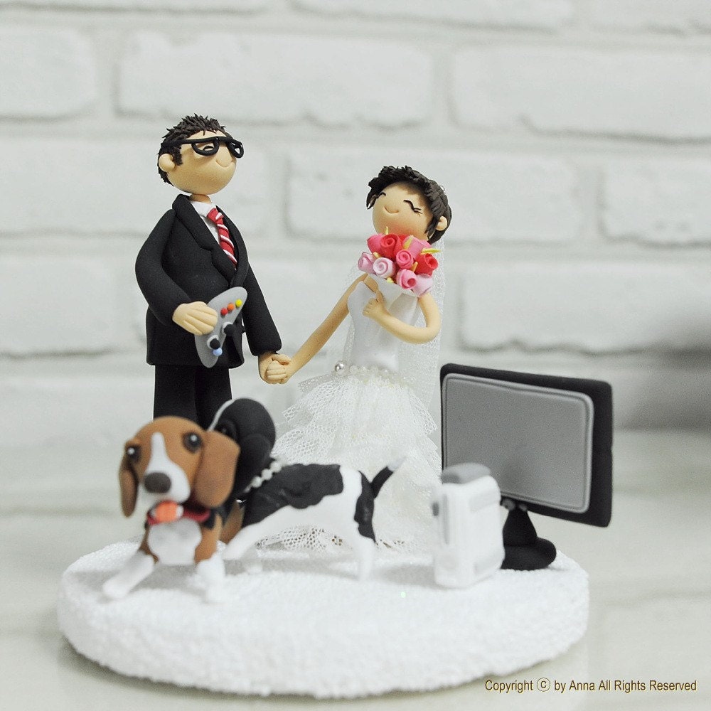 Game mania gamer custom wedding cake topper decoration gift with game box and dog
