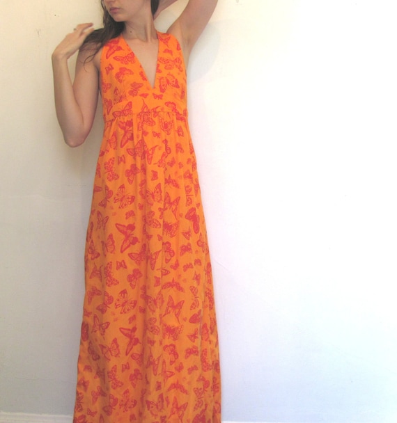 Bees and Butterflies Maxi Dress / Bright Orange Summer Dress