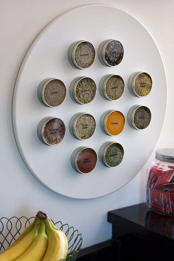Magnetic spice tins - food safe round metal tins for organizing kitchen spices - 8 tins, includes labels