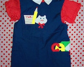 3T - Vintage 70's child navy blue and red polka dots romper onesie with cats by Chocolate Soup