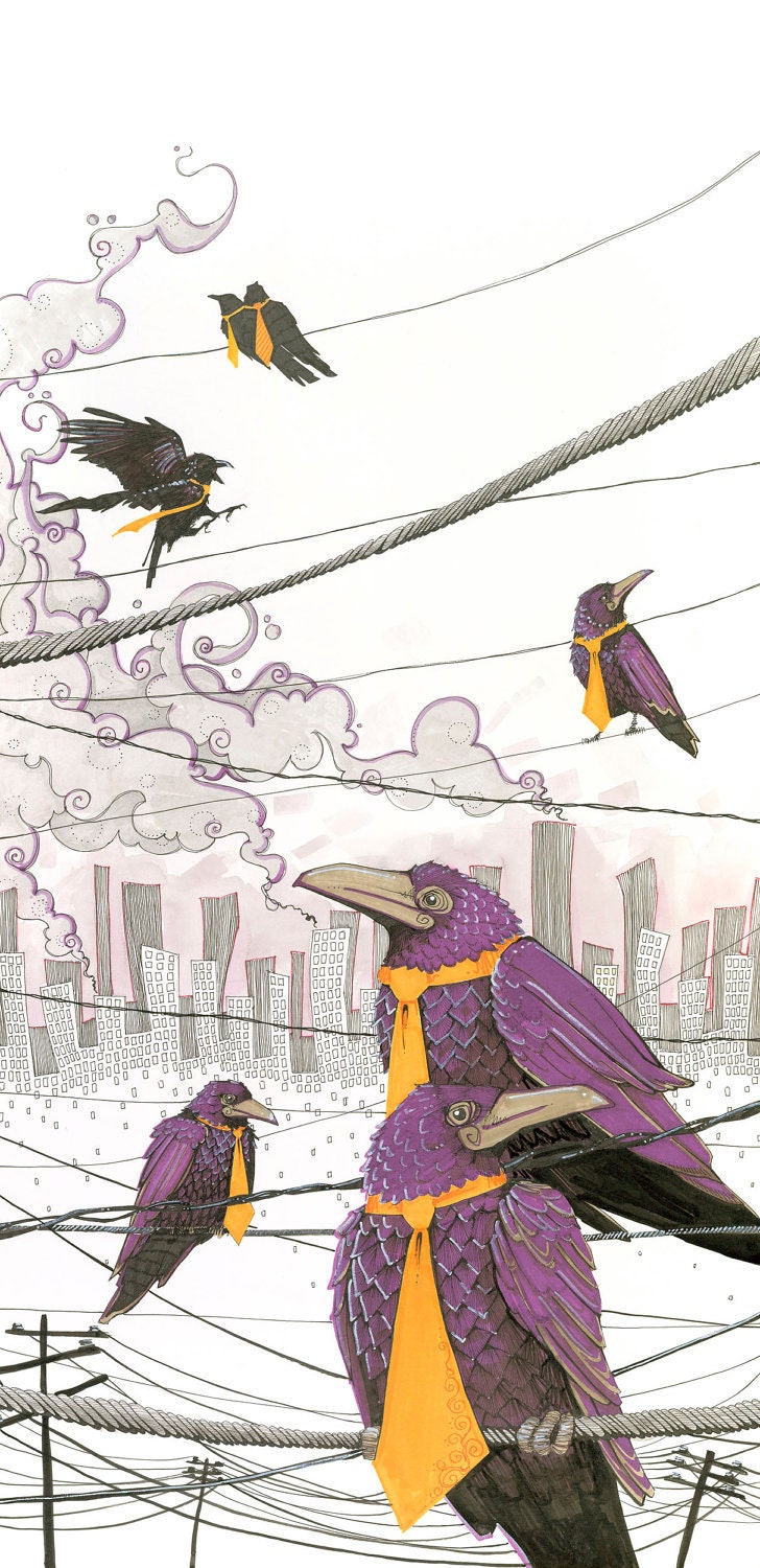 art print, purple ravens with orange neckties on a telephone wire, industrial cityscape