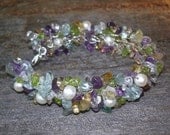 Crochet Silver Wire Bracelet, Peridot Purple Amethyst, Crochet Lace, natural stones green pink spring wedding fashion accessory