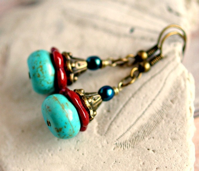 beaded earrings turquoise and glass on antique brass