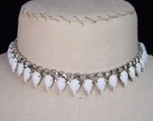Womens Necklace Milk Glass Tear Drop Cabochons And Rhinestone Choker Necklace Vintage 1940s