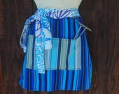 Sky Blue apron, waitress style, striped pocket, long ties, royal blue