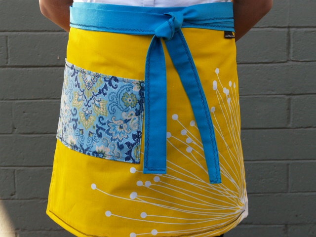 Turquoise, yellow apron, large paisley pocket, long ties