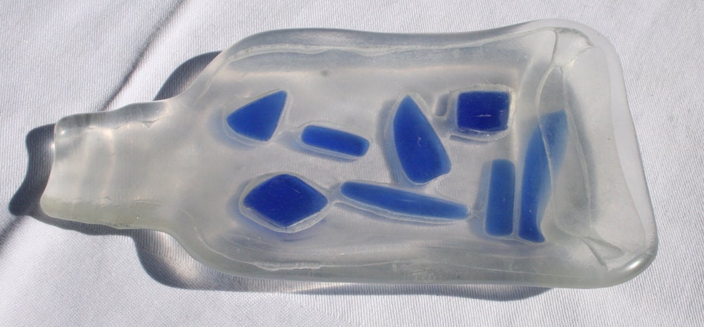 recycled flask bottle with blue glass accents spoon rest