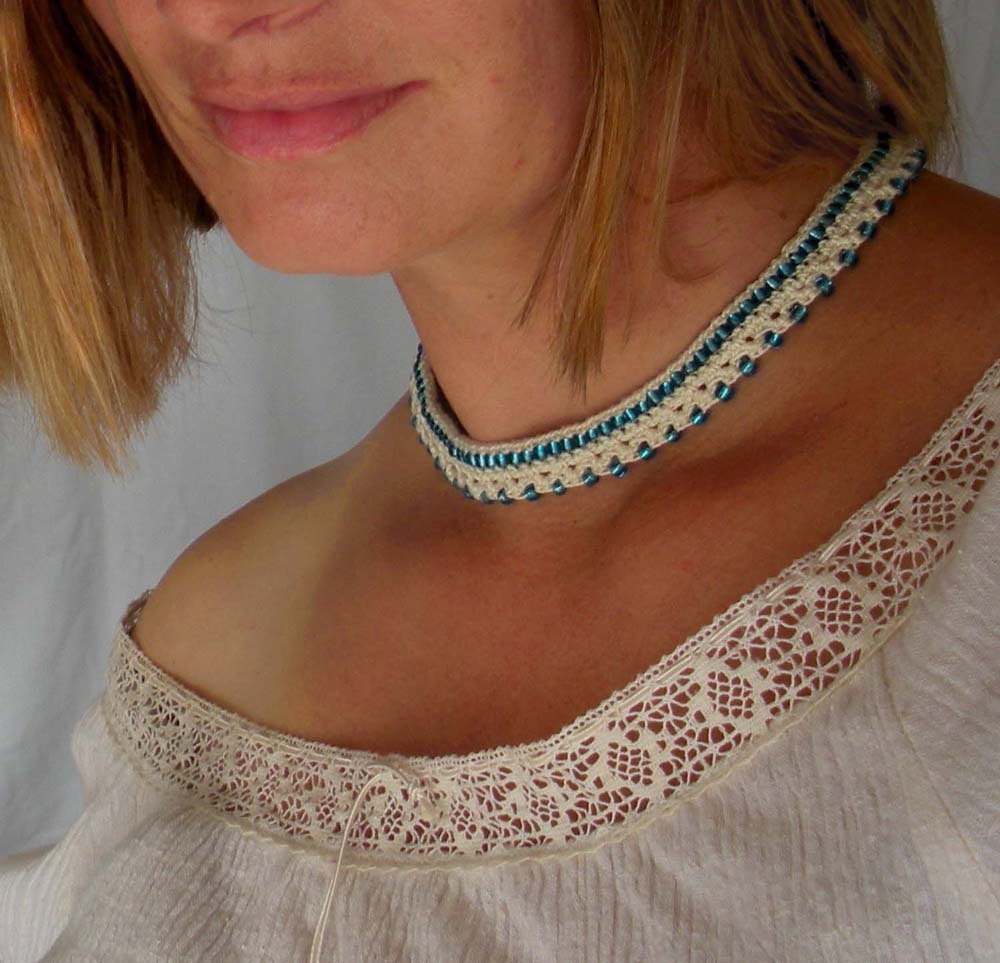 Crochet Choker - Creme Colored with Translucent  Aqua Glass Beads