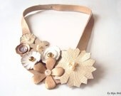 Ivory Cream Leather Flowers Bib Necklace, Statement Necklace, Floral Necklace, Assymmetrical, Leather Jewelry, Europe