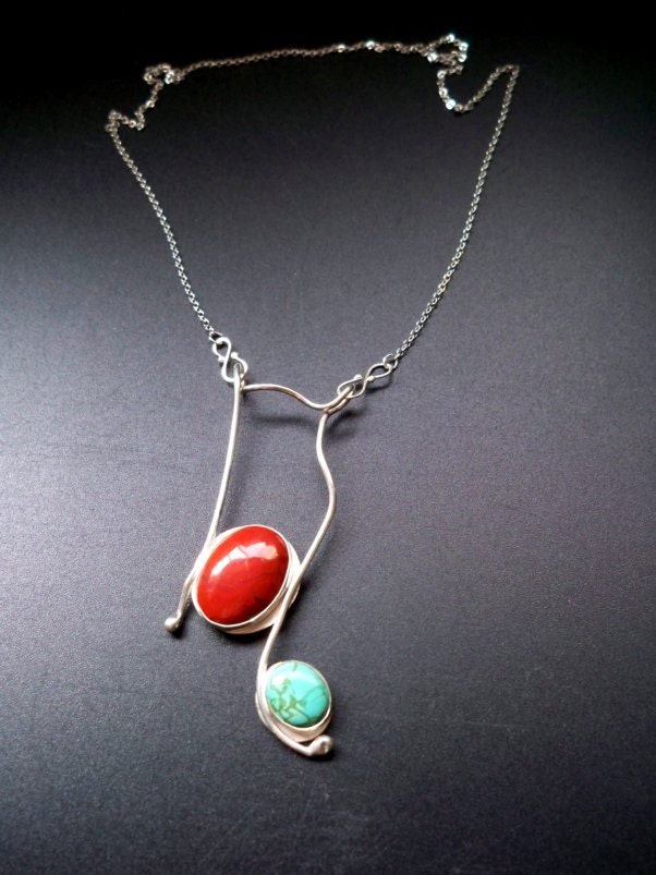 Sterling silver red jasper turquoise pendant - statement necklace - OOAK - Gemstone jewelery by Lamazonian - Mother's Day gift
