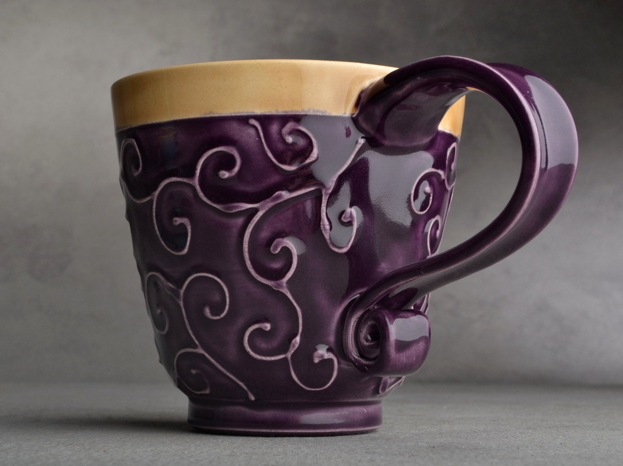 Curly Mug Made To Order Purple and Mocha Slip Trailed Mug by Symmetrical Pottery - symmetricalpottery