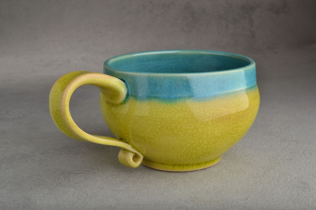 Cup Mug Ready To Ship Chartreuse Crackle & Blue Stoneware Coffee Tea Soup Mug by Symmetrical Pottery