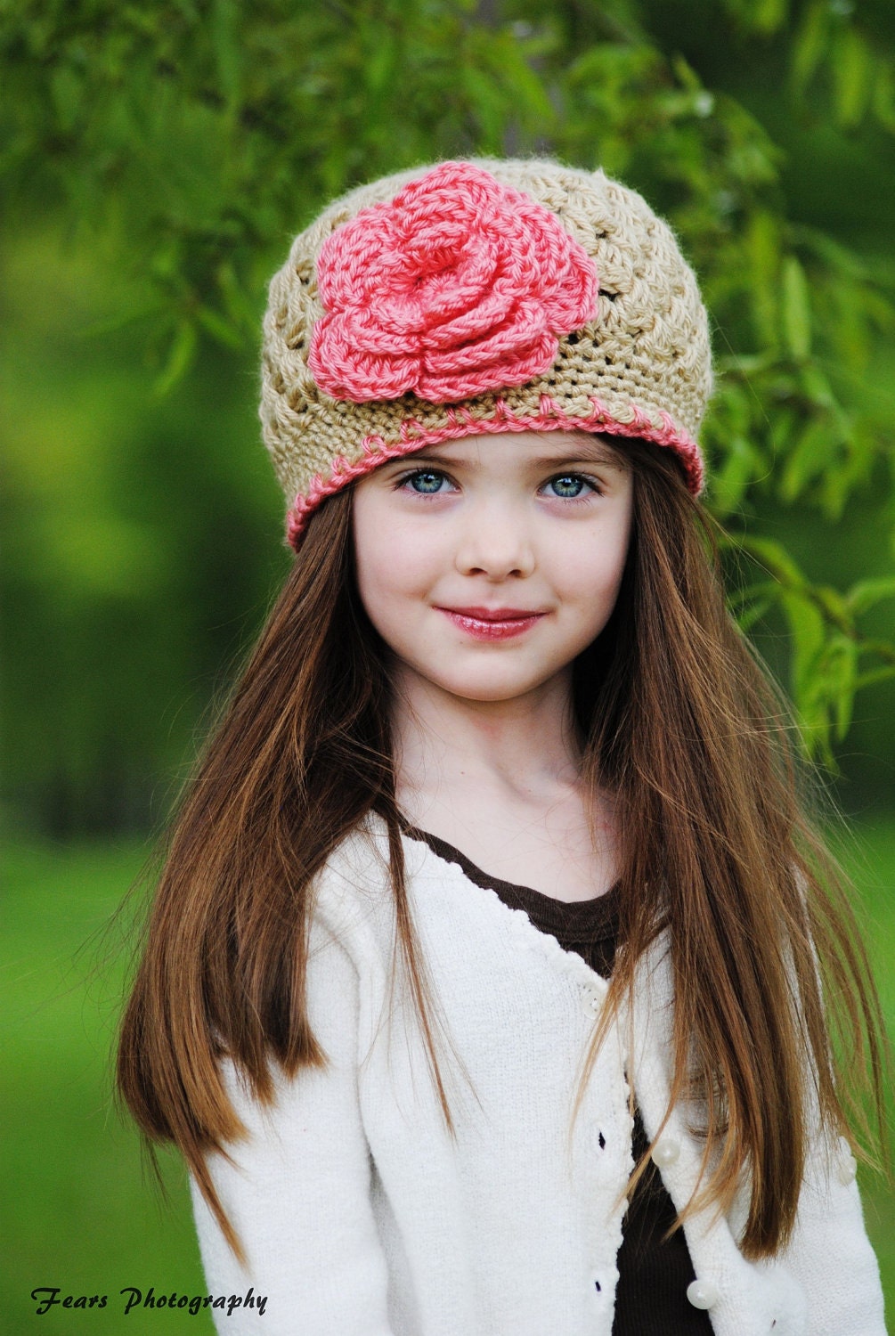 3/6 mos or 6/12 mos Flower Flapper Crocheted Hat Beanie in Bone and Strawberry