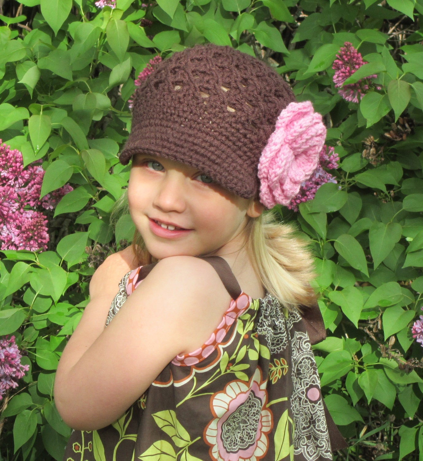 5  / Tween or Teen / Adult -Flower Newsgirl Crochet hat Brown with a large Pink flower