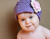 3/6 mos or 6/12 mos Flower Newsgirl Newsboy Crocheted Hat Amethyst, Pink, and Ivory -