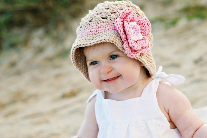 1T / 2T or 2T / 4T Bucket Style Beanie crocheted hat with Flower in khaki, pink, and soft pink