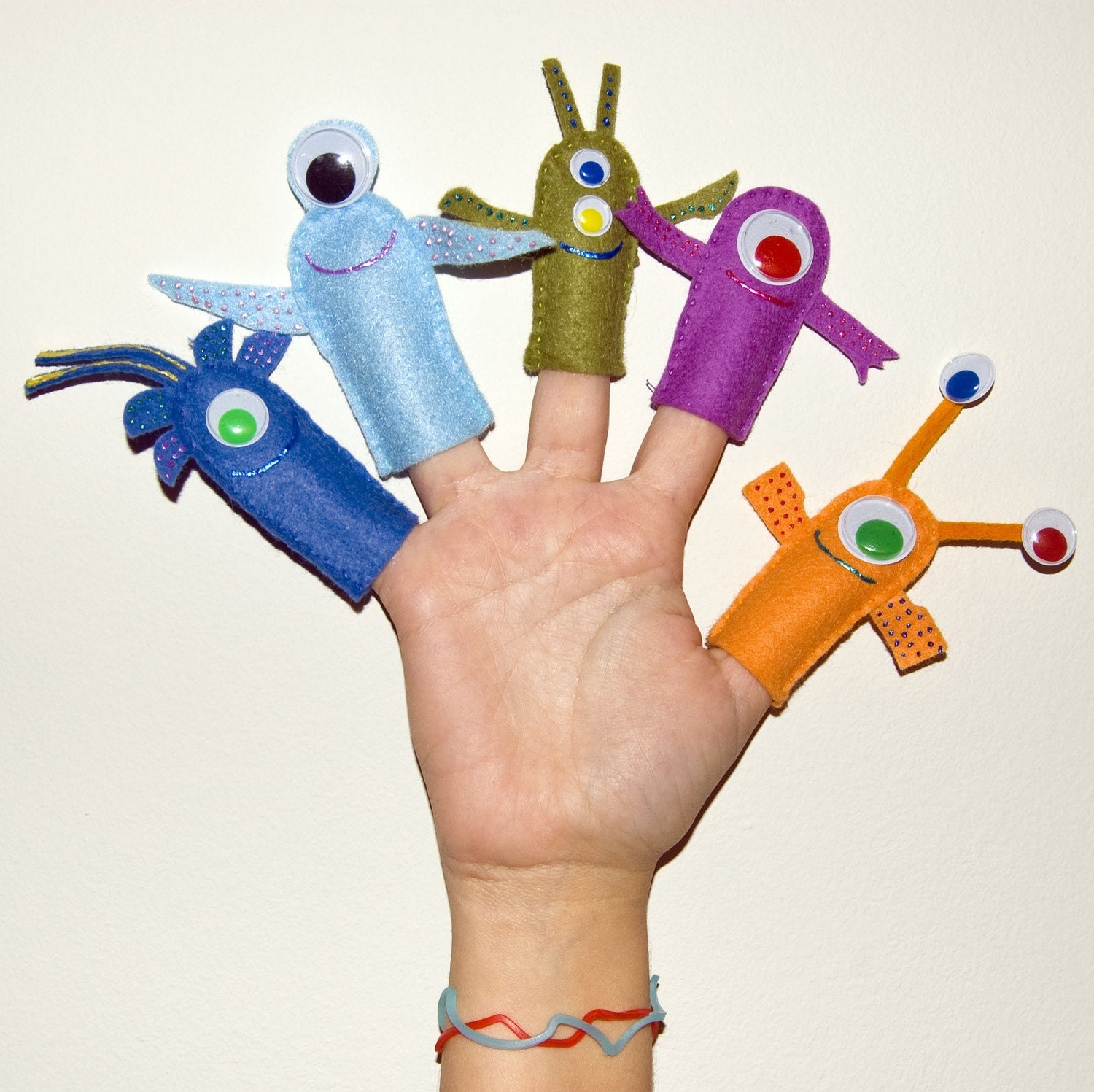 halloween, perfect for birthday party. Felt multicolor monsters finger puppets for children