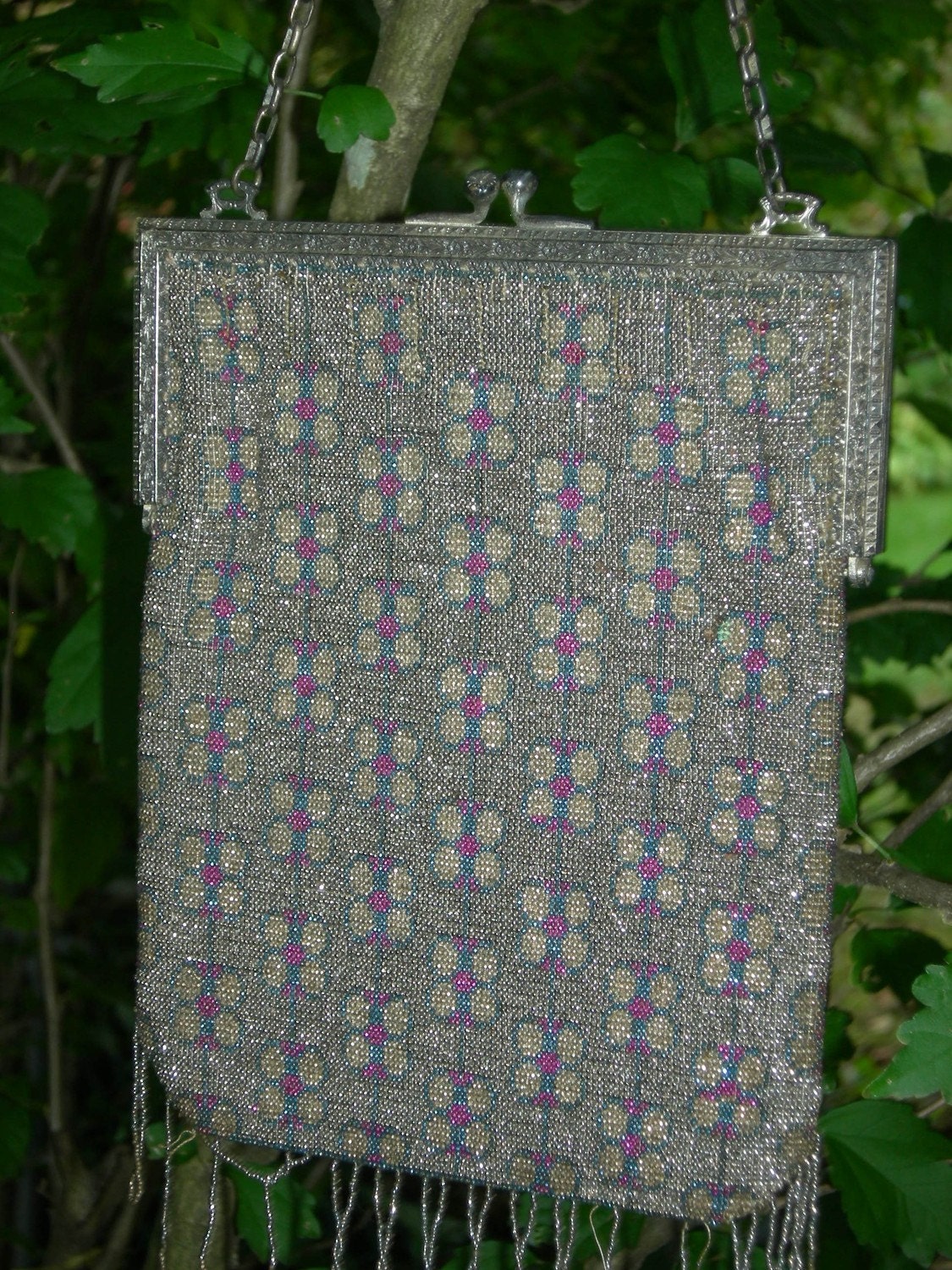 Vintage 1920s Silver Beaded Flapper Purse - Evening Bag