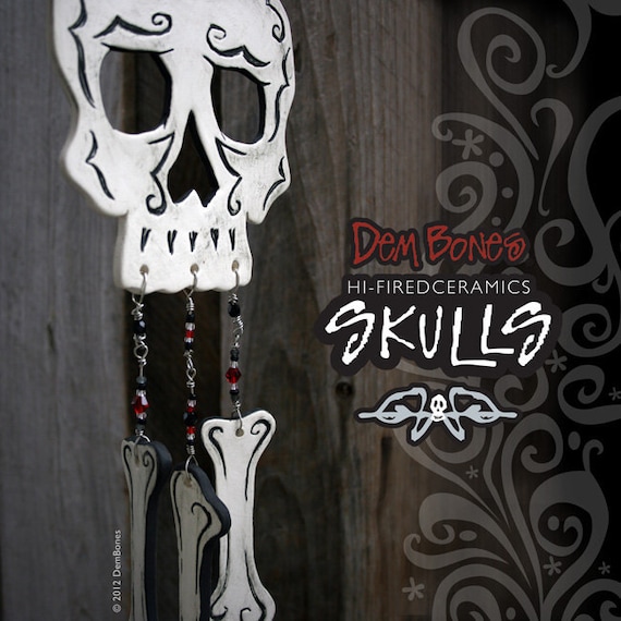 Gothic Ceramic Skull Wind Chime - Jet Black Red Glass Beads and Silver Wire Outdoor Decoration