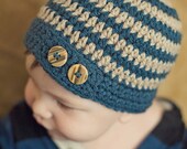 Blue Striped Button Tab Beanie, Button Tab Baby Hat, Boy Photo Prop, MADE TO ORDER, Sizes Newborn to 3 Years