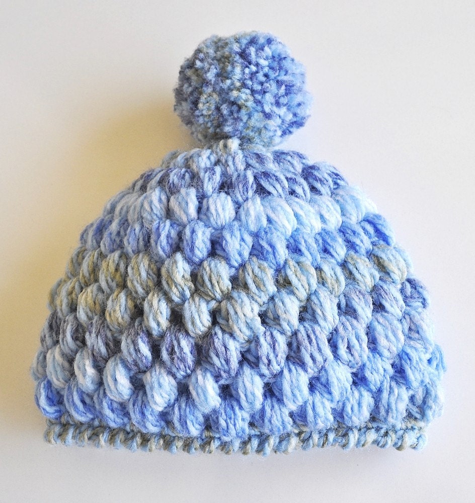 Crochet Puff Stitch Beanie Pom Pom Baby Boy Blue