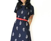 Vintage 70s Dress Navy with White Abstract Desgin Sheath Dress Medium Large