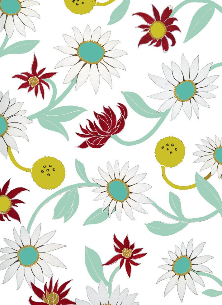 Mums and Daisies - Red and Seafoam - Fine Art Print of an original gouache painting