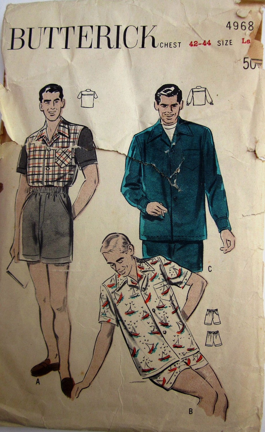 Butterick 4968 Mens Sport Shirt Boxer Shorts Pattern 1950s