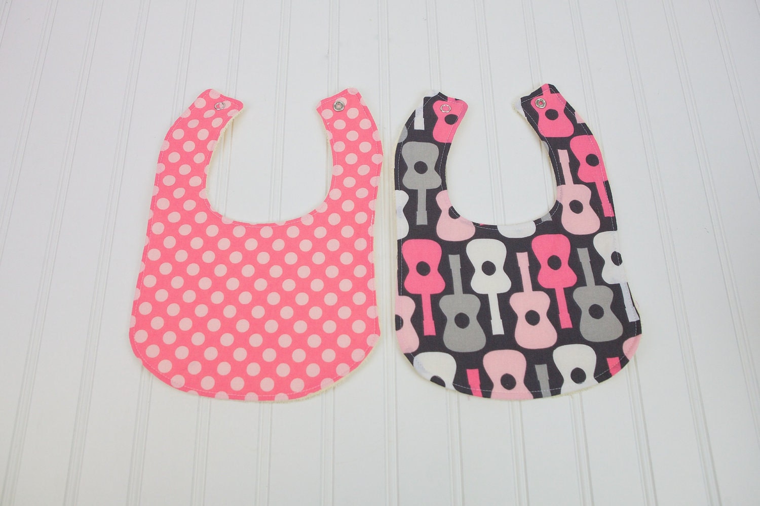 Guitar Baby Girl Bib Set Michael Miller Groovy Guitars Pink and Grey with Terry Cloth Back