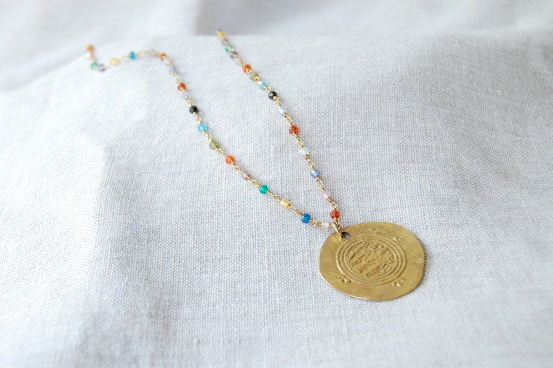 SALE Gold Vermeil Multi Color Semi Precious Stone Brass Coin Pendant Necklace