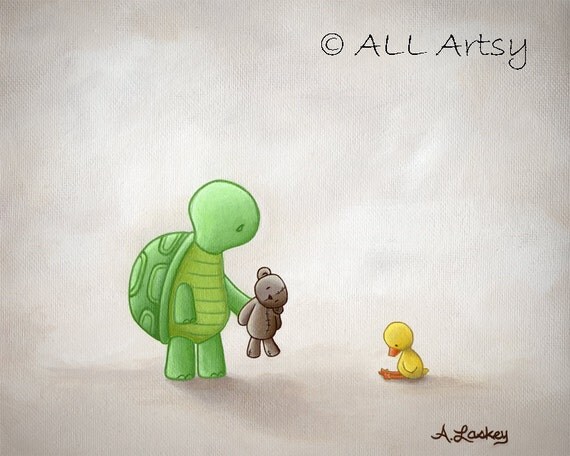 We Can Share - 8x10 matted canvas -turtle and duck nursery art painting print - childrens wall art