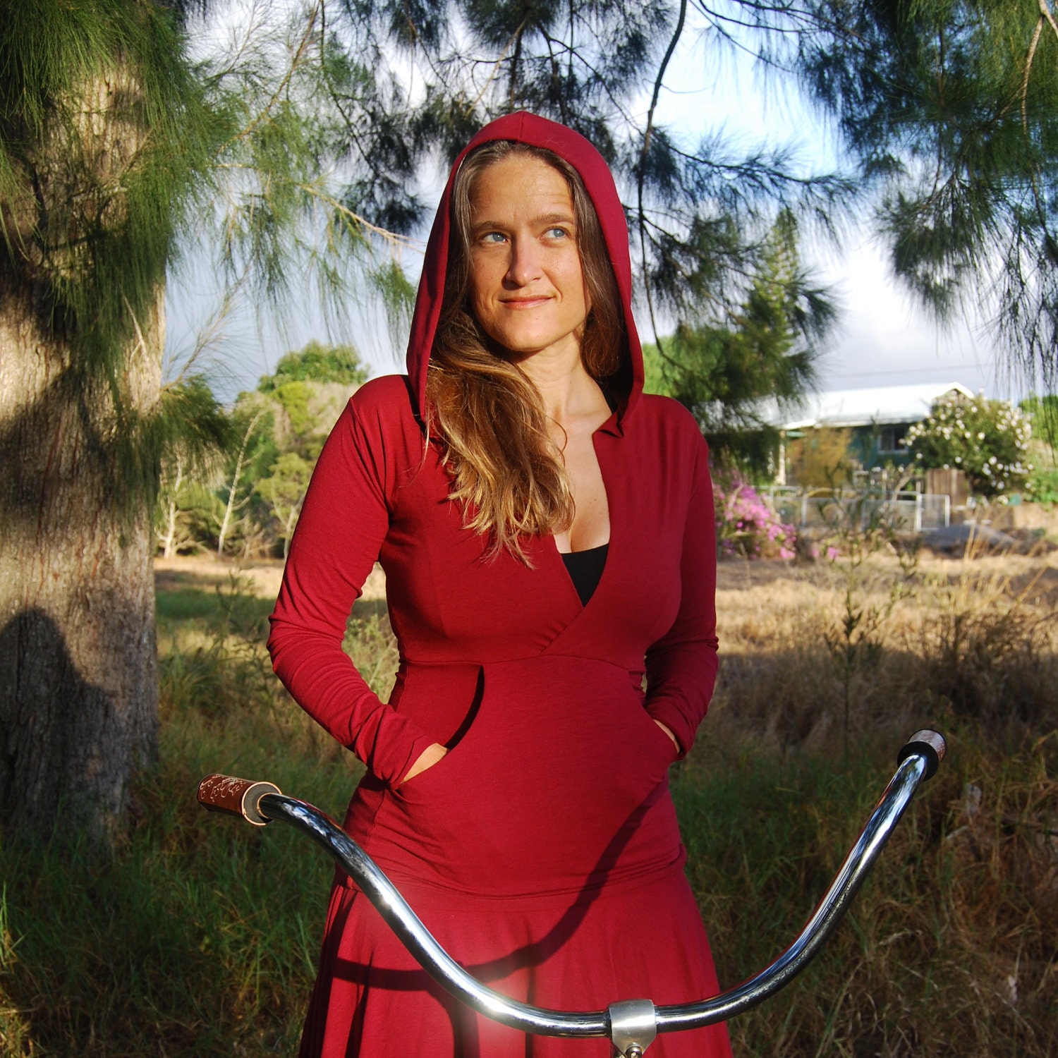 Women's Hoodie - Long Sleeve Kangaroo Pocket -  Red -  Organic Clothing - Eco Friendly Jersey
