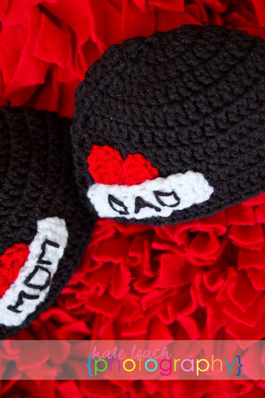 I Love Mom and Dad Twin Beanies in Black, White and Candy Apple Red Available in Newborn to 5 Year Size- MADE TO ORDER