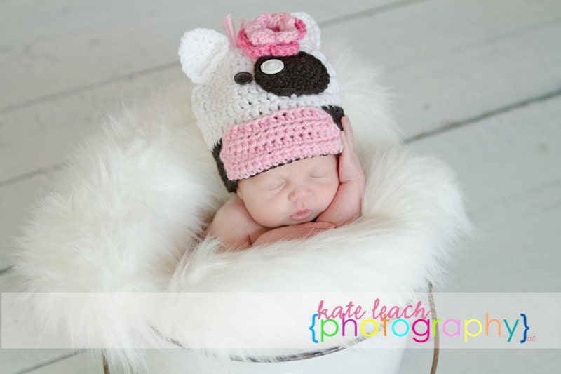 Little Miss Baby Cow Beanie in White, Baby Pink and Black Available in Newborn to 5 Years Size- MADE TO ORDER