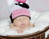 Little Miss Baby Cow Beanie in White, Baby Pink and Black With Matching Diaper Cover Available in Newborn to 24 Months Size- MADE TO ORDER
