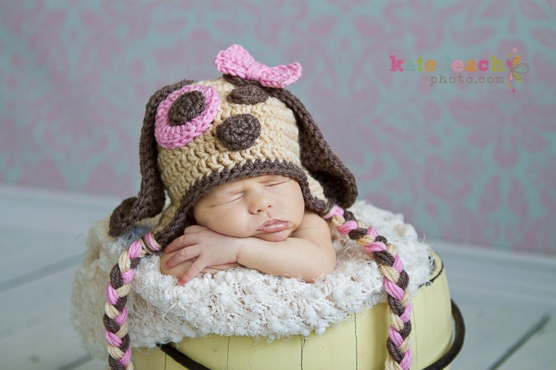 Little Miss Puppy Beanie in Caramel, Taupe and Baby Pink with Matching Diaper Cover Available in Newborn to 24 Months Size- MADE TO ORDER