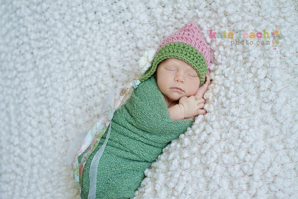 Pixie Hat in Baby Pink, Ecru and Olive Green- Photo Prop Newborn Size READY TO SHIP