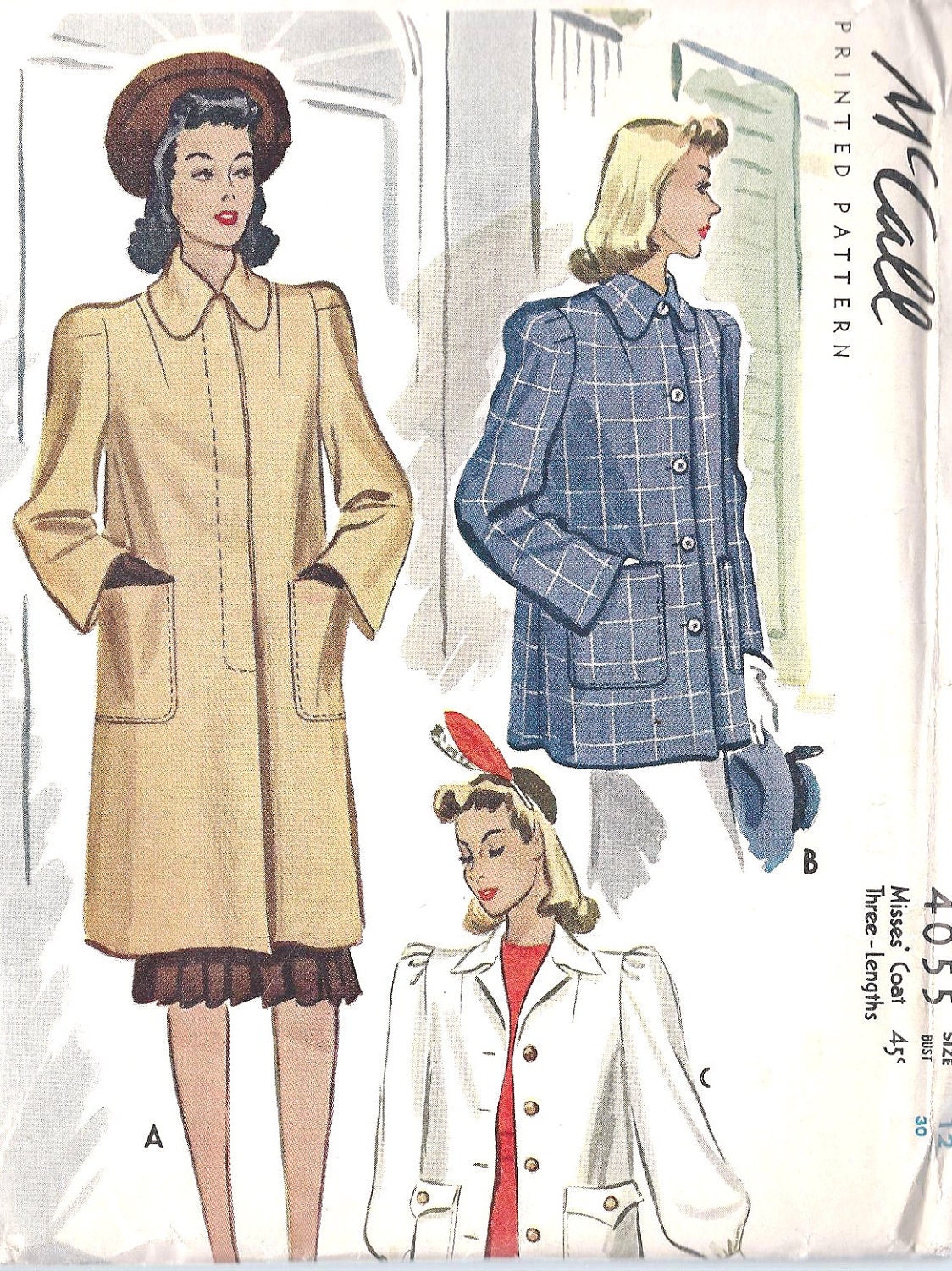 1940s Misses Coat Vintage Sewing Pattern, in 3 Lengths, McCall 4055 Bust 30", uncut