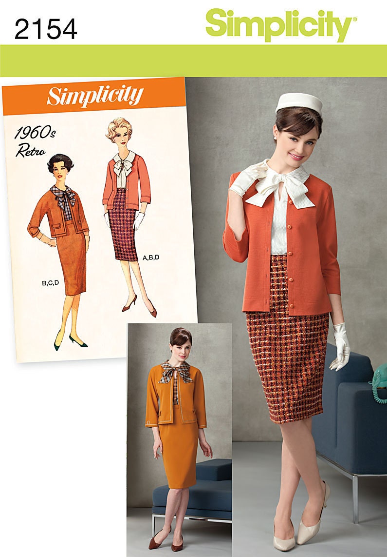 60s Inspired Misses Mad Men Retro Style Blouse, Skirt, Jacket and Cardigan 1960s Reissue Simplicity Pattern 2154 Sizes 6, 8, 10, 12, 14