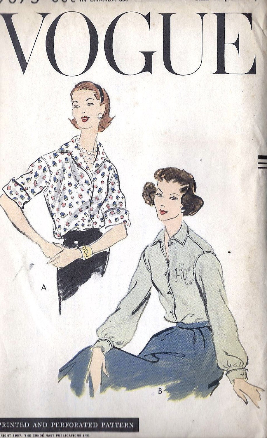 1950s Misses Tuck In Blouse Vintage Sewing Pattern, French Cuffs, Vogue 9075  bust 36" uncut - MissBettysAttic