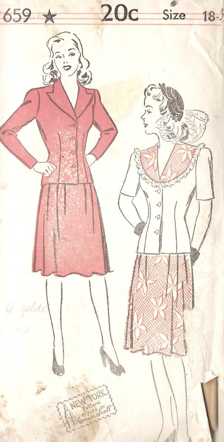 1940s Misses Two Piece Dress Vintage Sewing Pattern, Shawl or Notched Collar, New York Pattern 659 bust 36" uncut
