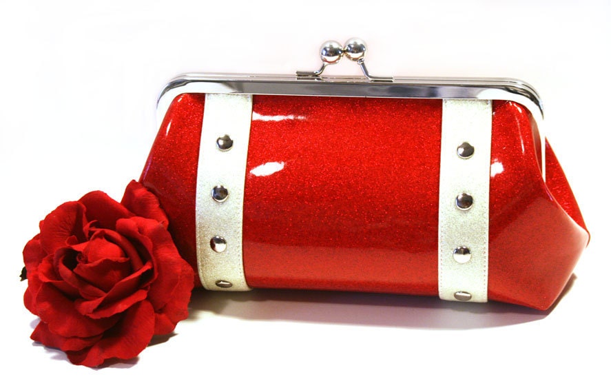 Ruby Red Glitter Vinyl Clutch with Your Choice of Contrast Vinyl, Retro, Rockabilly, Pin Up - MADE TO ORDER