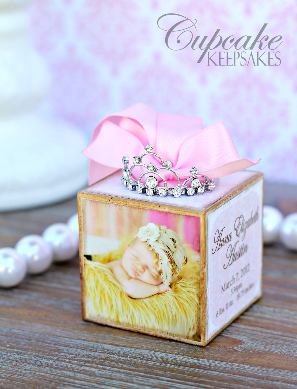 Personalized Pink Princess Tiara Birth Announcement Photo Baby Block Ornament Shower Gift Girl Nursery Decor