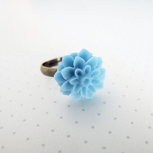 blue flower ring - adjustable retro blue turquoise floral spring ring