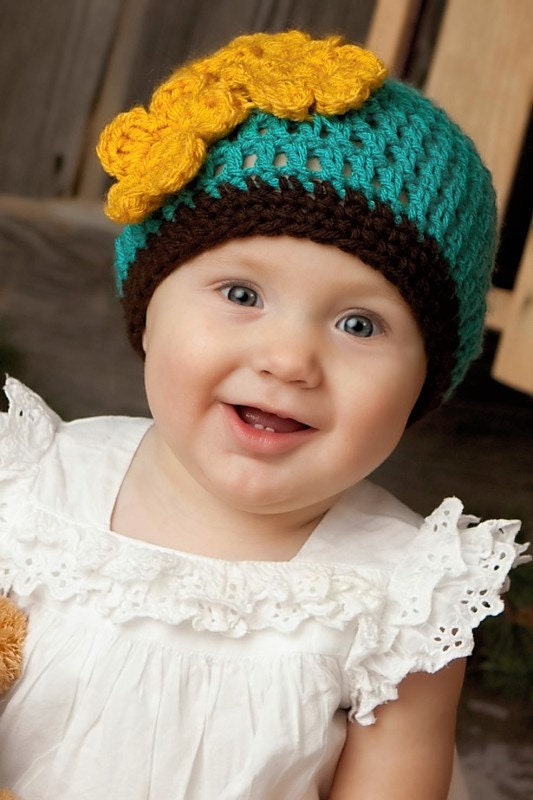 Crocheted Hat Newborn - Teal With Brown Trim and Gold Flowers -Ready to ship