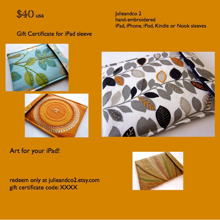 Buy gift cards kindle - iPad sleeve Nook HD plus / Custom Order / Gift Certificate / 40 Dollars / Kindle Fire HD / Julieandco / tech gift idea