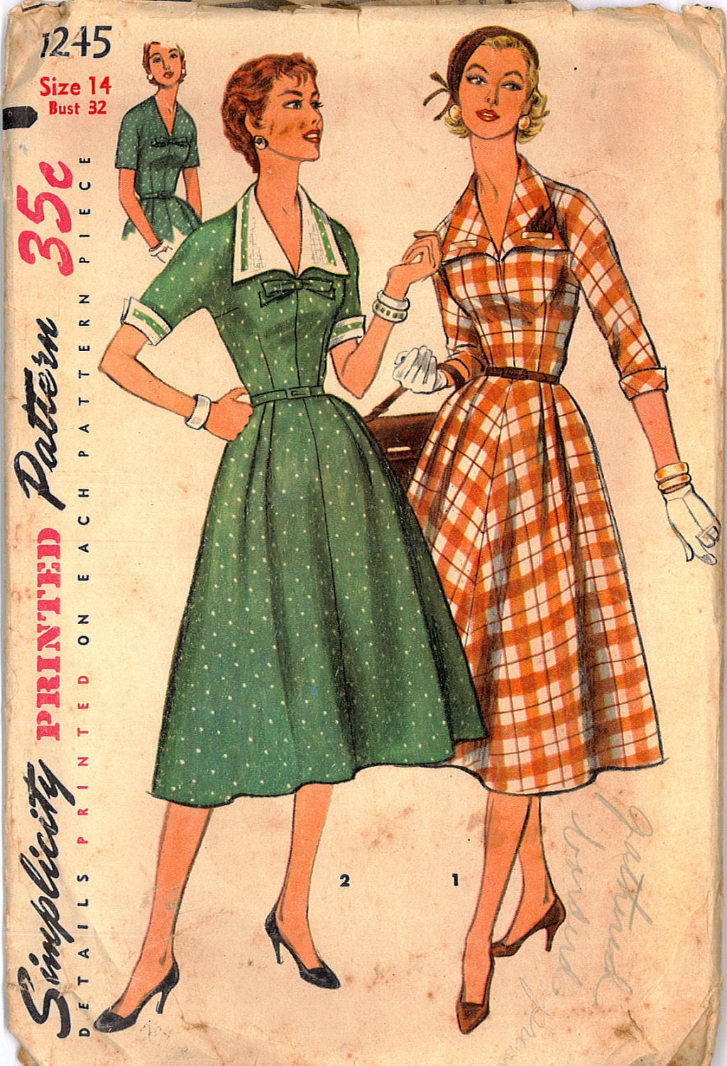 1950s Womens Dress with Detachable Collar and Cuffs Vintage Sewing Pattern Simplicity 1245 Bust 32