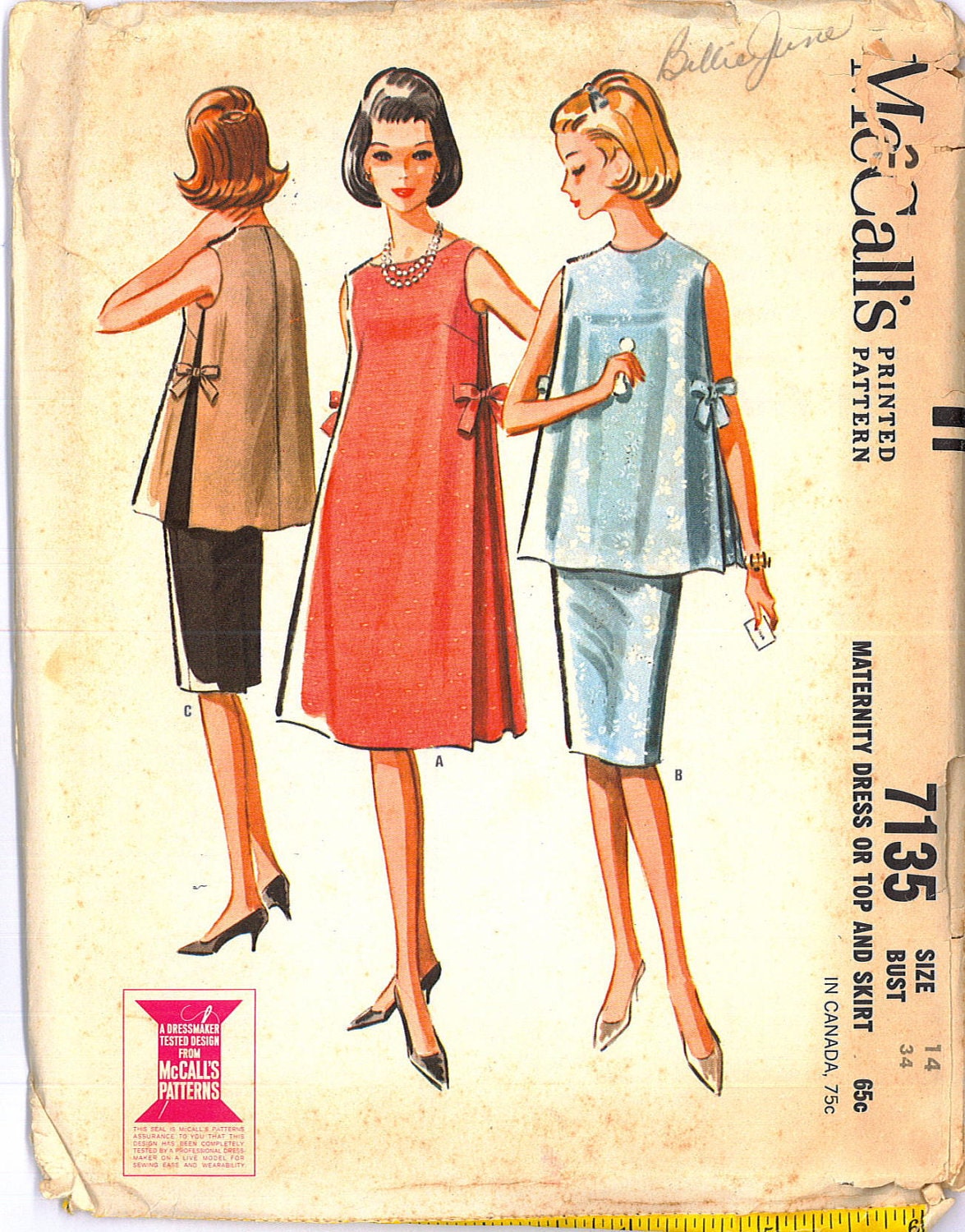 1960's Maternity Dress or Top and Skirt Sewing Pattern McCall's 7135 Bust 34