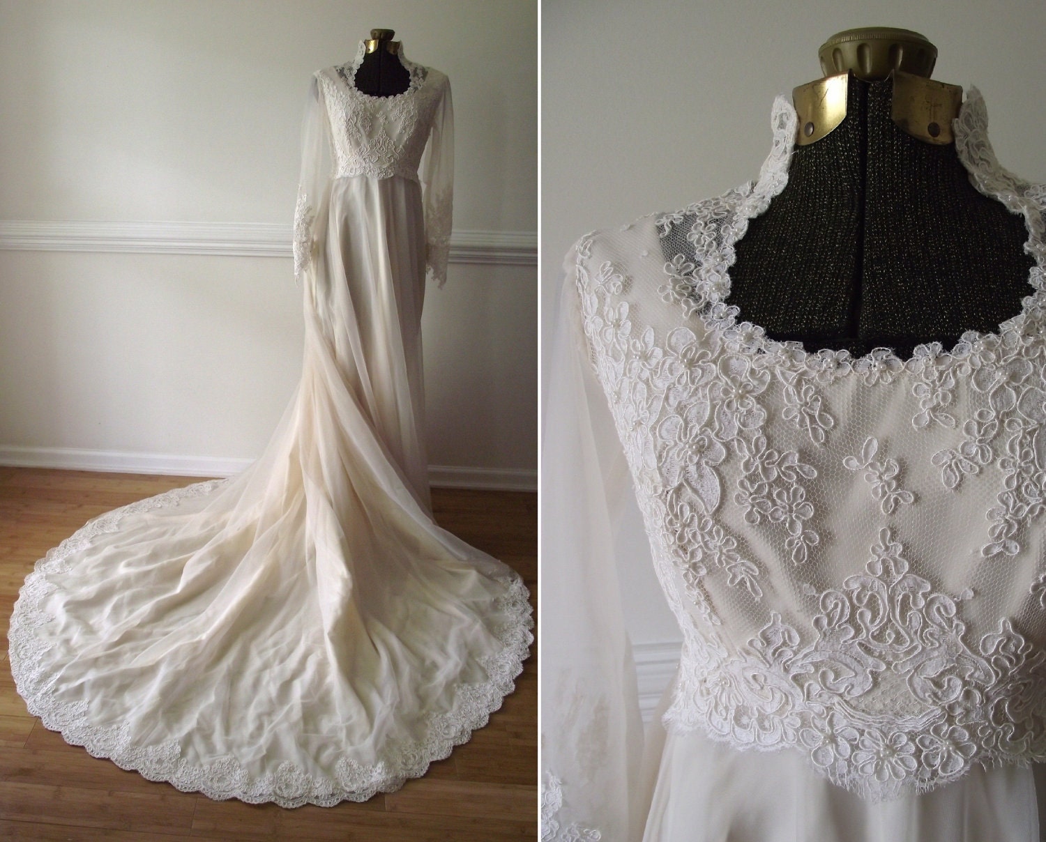 Wedding Gown with Veil / Beaded Lace Chiffon M / Empire Waist White Dress Vintage 10