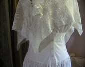 White Capelet Poncho, romantic vintage cotton crochet, lace ribbon pearl embellished MEDIUM